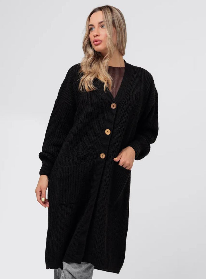 Damen Grobstrick-Cardigan mit schlichten Holzknöpfen und praktischen Taschen Drune