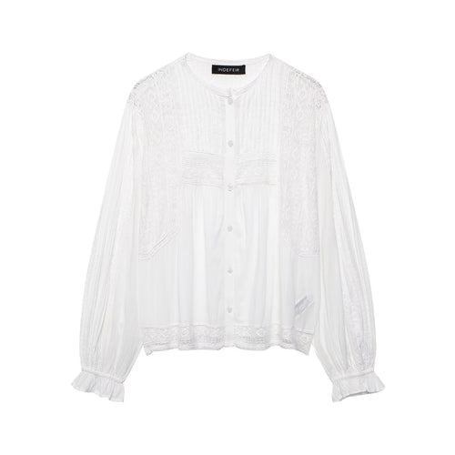 Damen Romantische Spitzenbluse mit Plisseefront, Spitzenpanelen und Ballonärmeln Drune