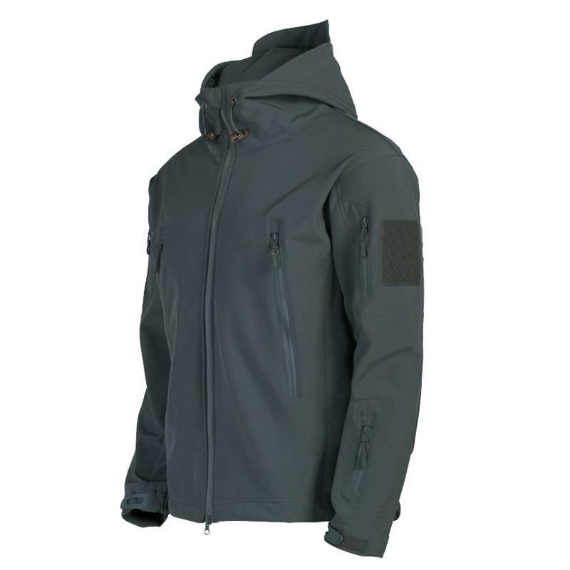 Herren taktische Softshelljacke mit Kapuze, Tarnmuster und ergonomischem Stretchschnitt Drune