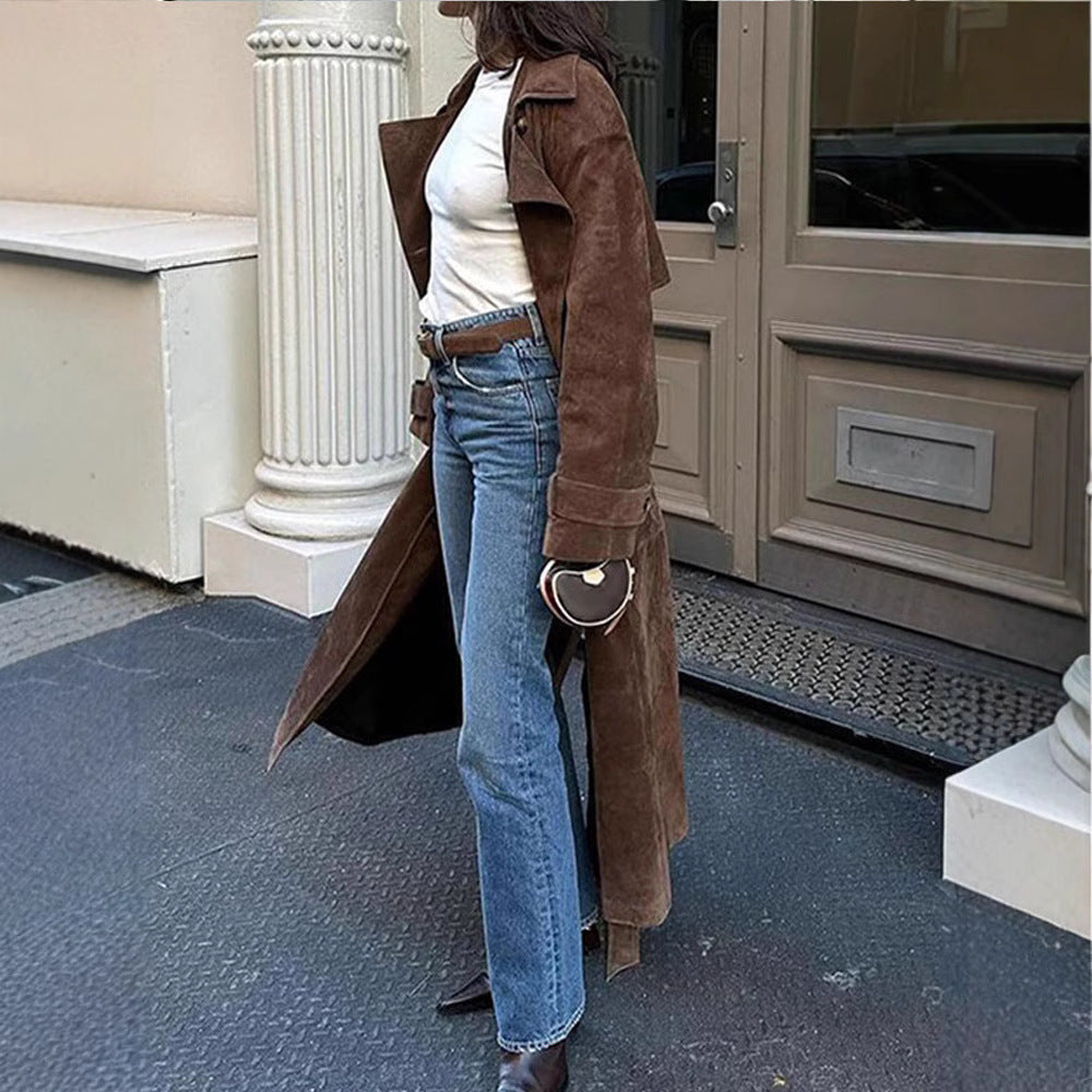 Damen Langer Doppelreihiger Trenchcoat aus Veloursleder-Optik mit Taillengürtel Drune