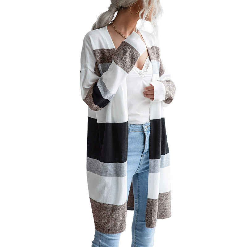 Damen Langer Offener Strickcardigan mit Blockstreifen, Leichtem Fall und Eingrifftaschen Drune