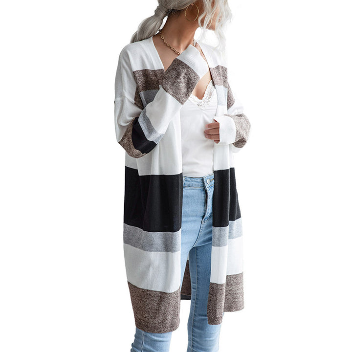 Damen Langer Offener Strickcardigan mit Blockstreifen, Leichtem Fall und Eingrifftaschen Drune