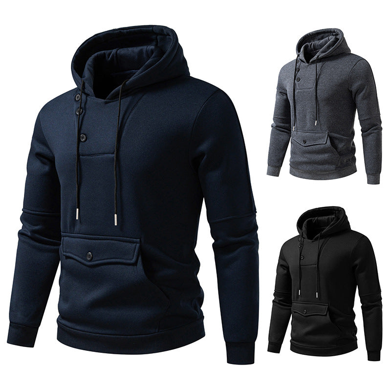 Herren Oversize Baumwoll-Fleece Kapuzenpullover mit asymmetrischer Knopfleiste und aufgesetzter Kängurutasche Drune