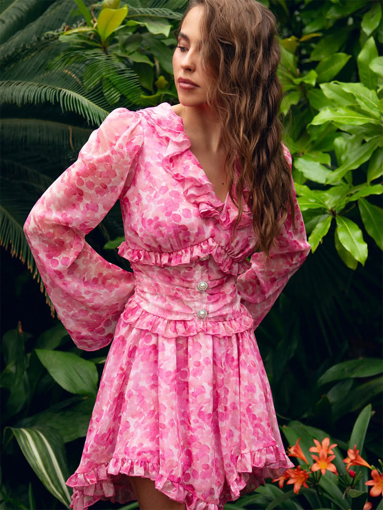 Damen Kurzes Rüschen‑Kleid mit tailliertem Korsettbund und Ballonärmeln Drune