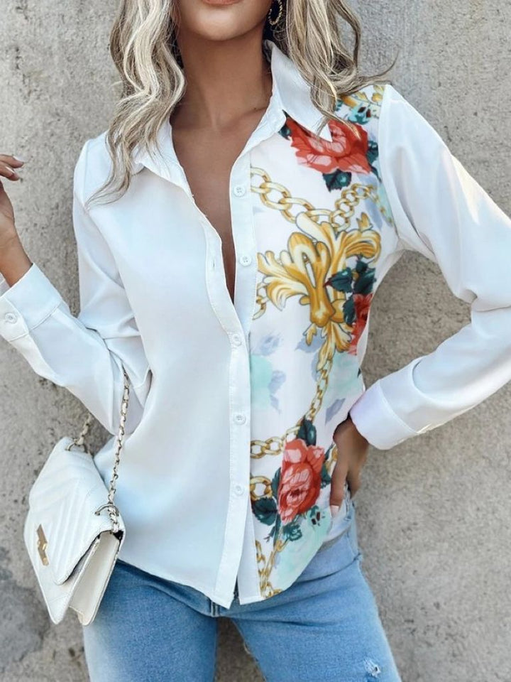 Damen Bluse mit floralem Grafikdesign und hohen Spitzendetails Drune