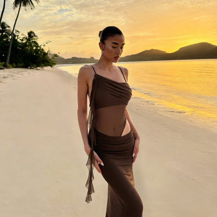 Damen elegantes Abendkleid mit raffinierten Rüschendetails und transparenten Einsätzen Drune