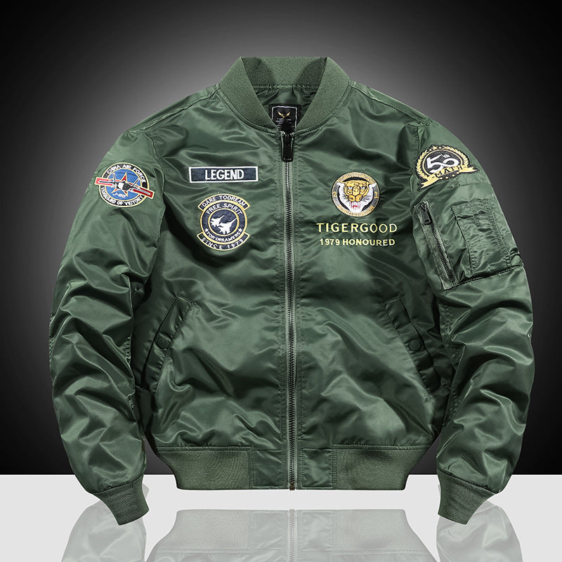 Herren Bestickte Nylon-Bomberjacke im Pilotenstil mit Tiger-Motorrad-Design Drune