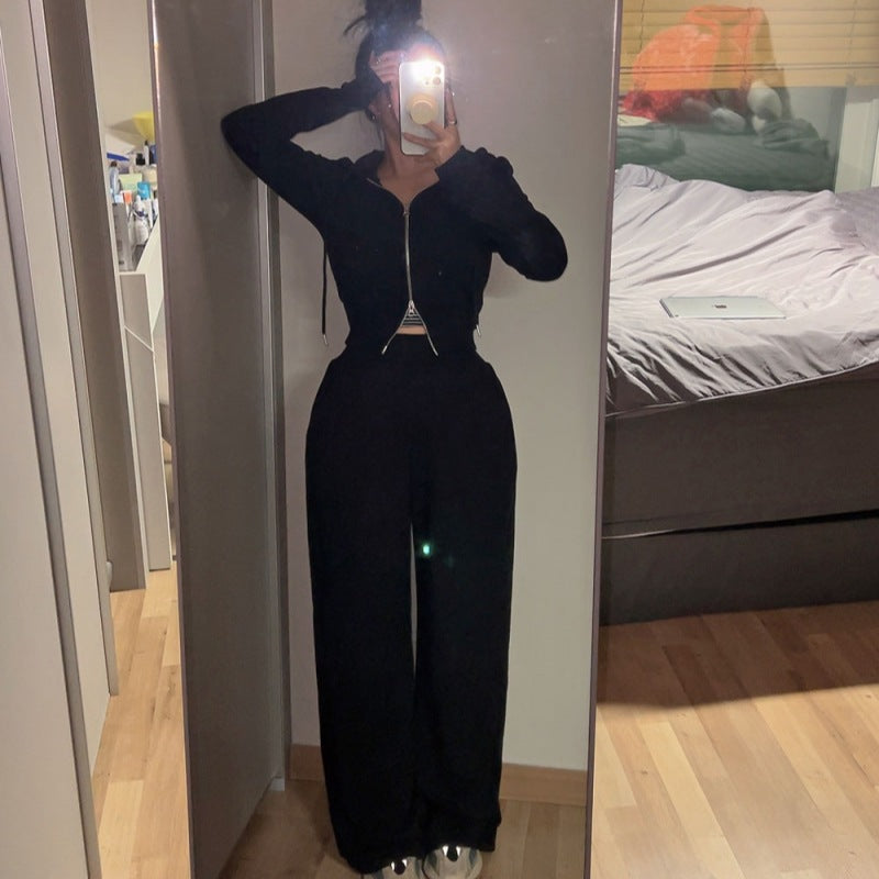 Damen modisches und bequemes Set mit cropped Jacke und elastischer Hose Drune
