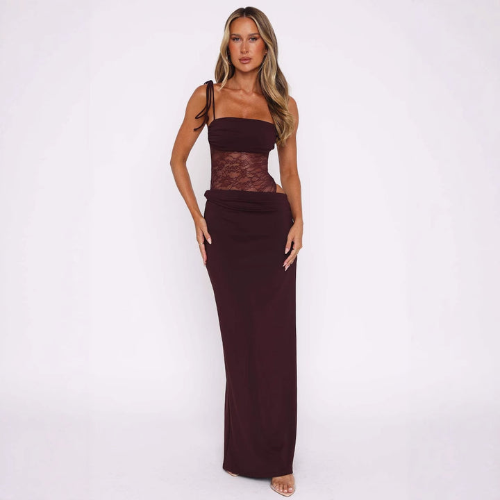 Damen elegantes Wickelmaxikleid mit transparenten Einsätzen und feinen Details Drune