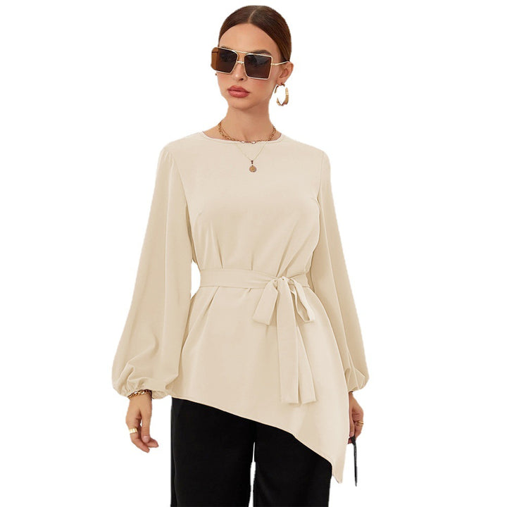 Damen asymmetrische Tunika-Bluse mit Ballonärmeln und Taillengürtel Drune