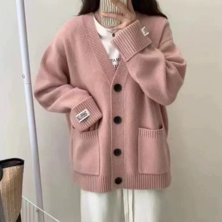 Damen Gemütliche Strickjacke mit tiefem V-Ausschnitt und großen Taschen Drune