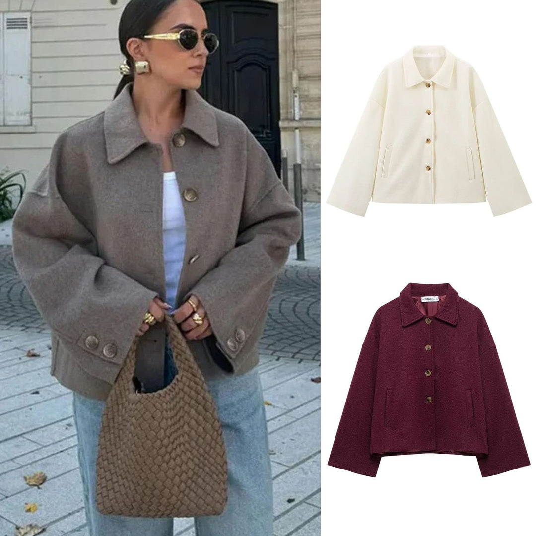Damen nan kurze kastige Wolljacke mit Hemdkragen, durchgehender Knopfleiste und eingesetzten Eingrifftaschen Drune