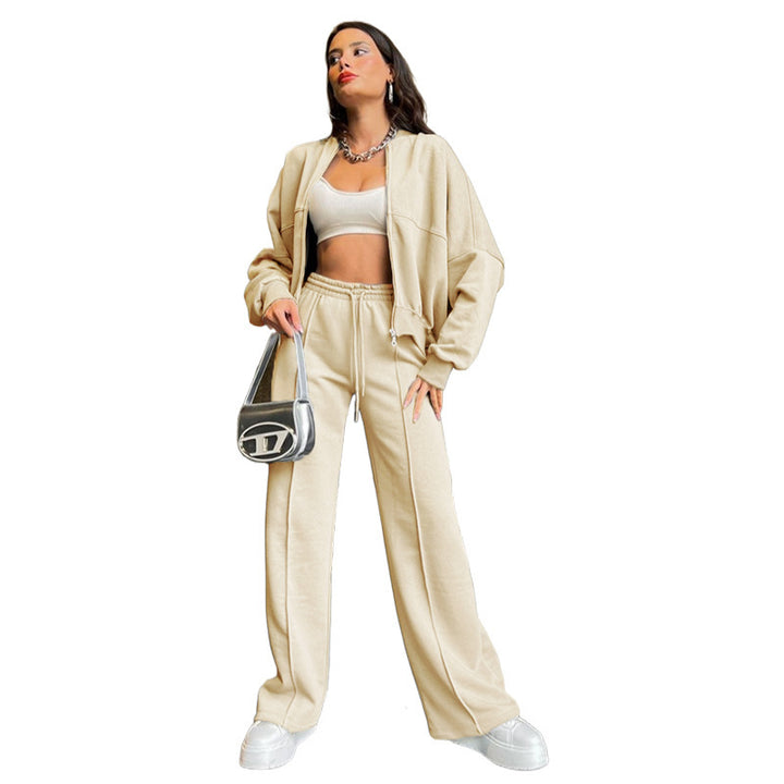 Damen Oversized Zip-Hoodie-Set mit Cropped Top und weiter Naht-Sweathose Drune