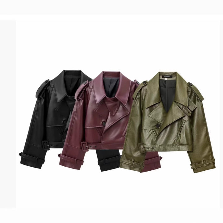 Damen Kunstleder Bikerjacke im modischem Cropped-Design mit taillierbarem Gürtel und dekorativen Knöpfen Drune