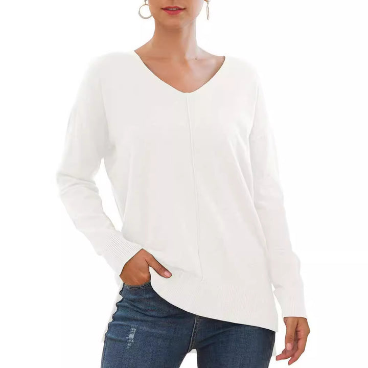 Damen eleganter V-Ausschnitt Pullover mit asymmetrischem Saum Drune