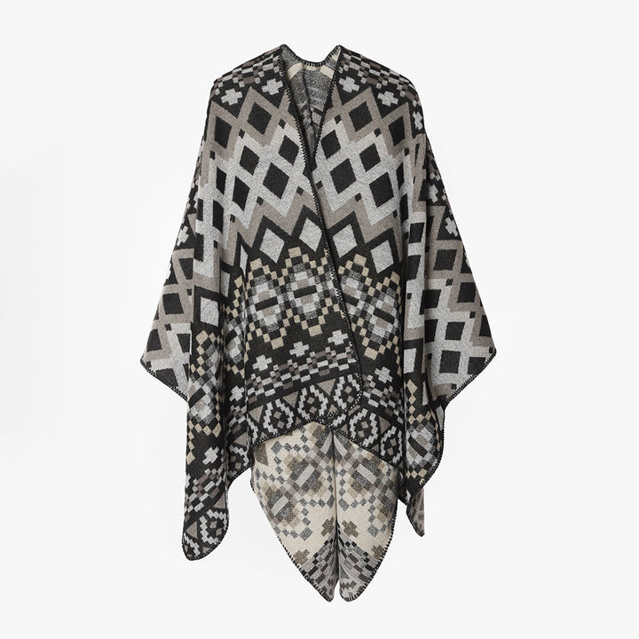 Damen Geometrischer Jacquard‑Capeponcho mit Oversize‑Fall und asymmetrischem Zipfelrand Drune