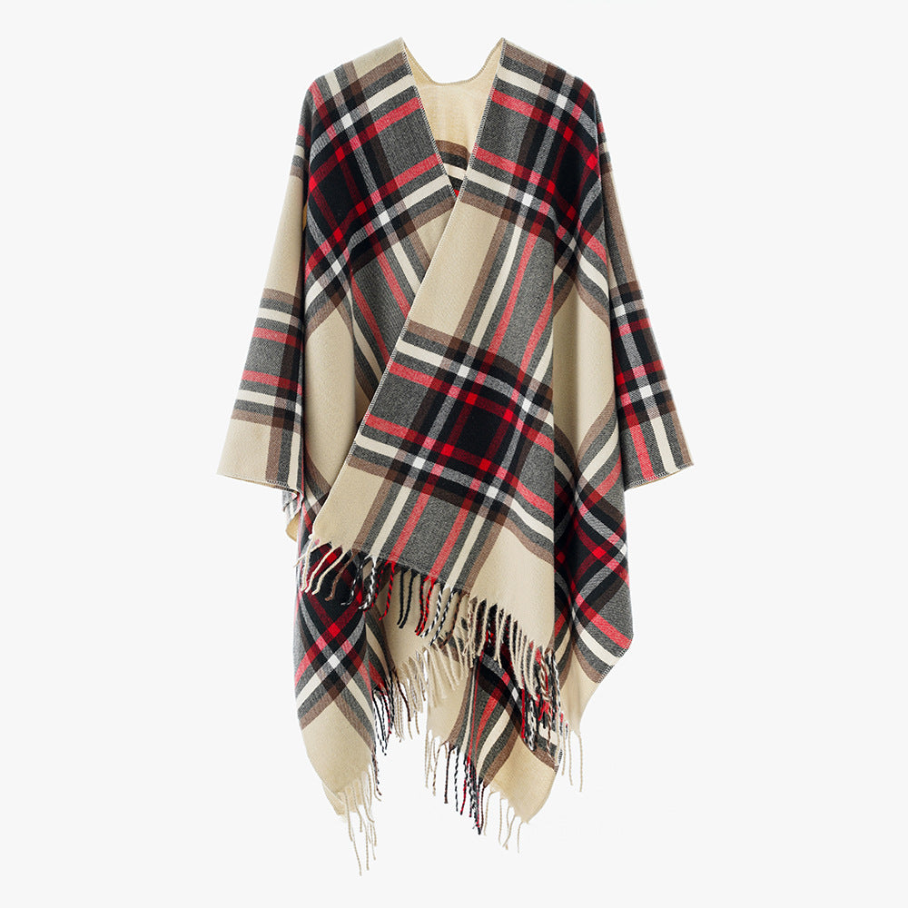 Damen Oversize-Karo-Capeponcho aus Wollmix mit V-Ausschnitt und Fransensaum Drune