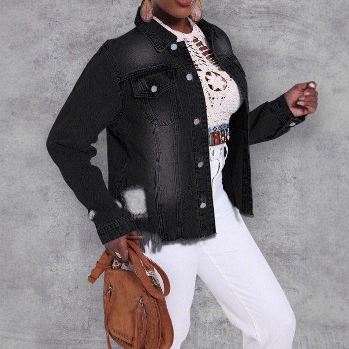 Damen Distressed Denimjacke mit ausgefranstem Saum und Relaxed-Fit Drune