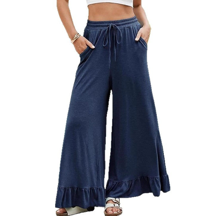 Damen weite Leinenhose mit Rüschensaum Drune