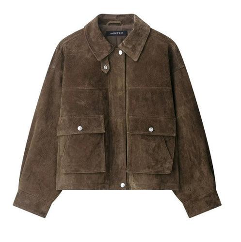Damen 100+ kurze Veloursleder‑Blousonjacke mit Pattentaschen und Druckknopfverschluss Drune