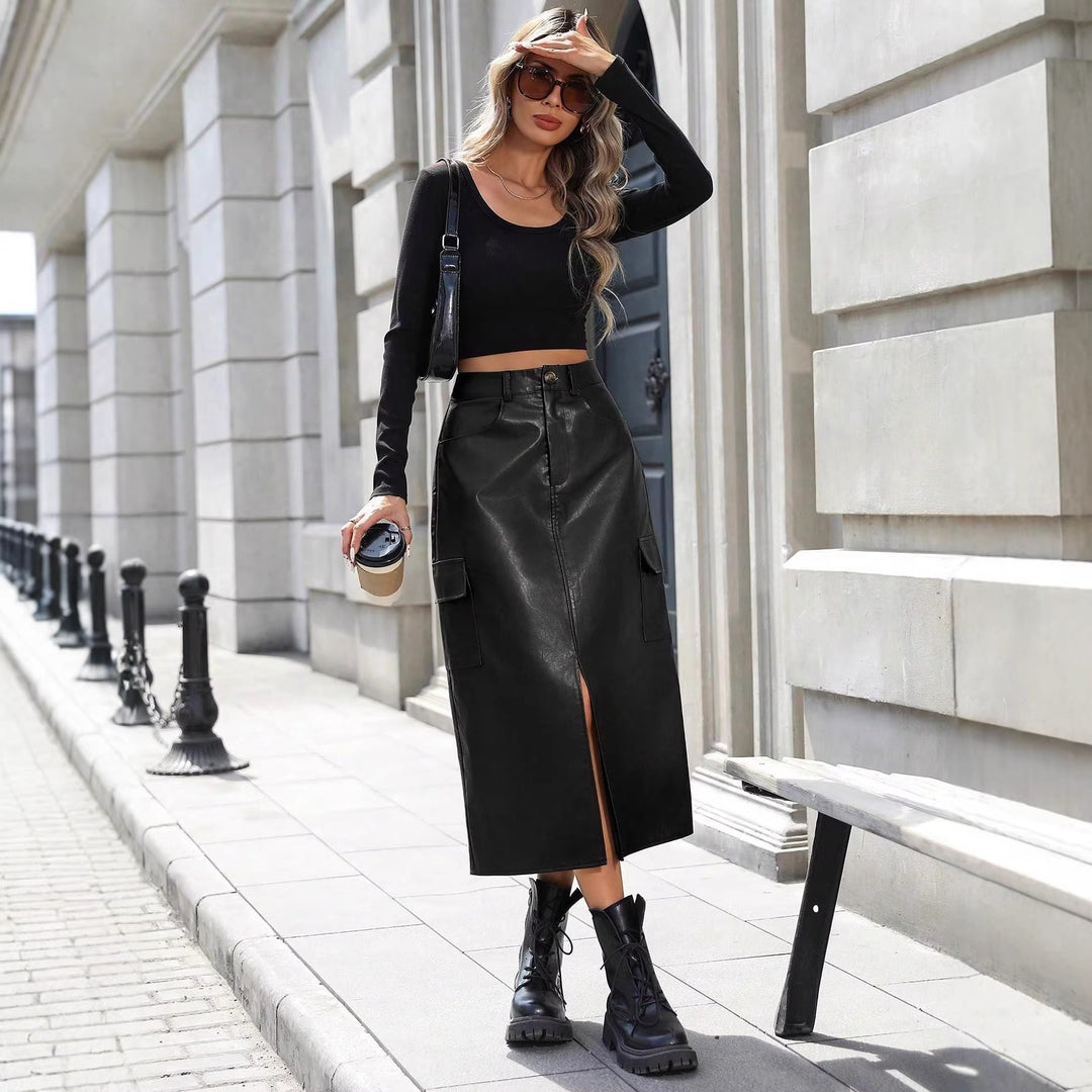 Damen Midirock aus Kunstleder mit praktischen Taschen und elegantem Schlitz Drune