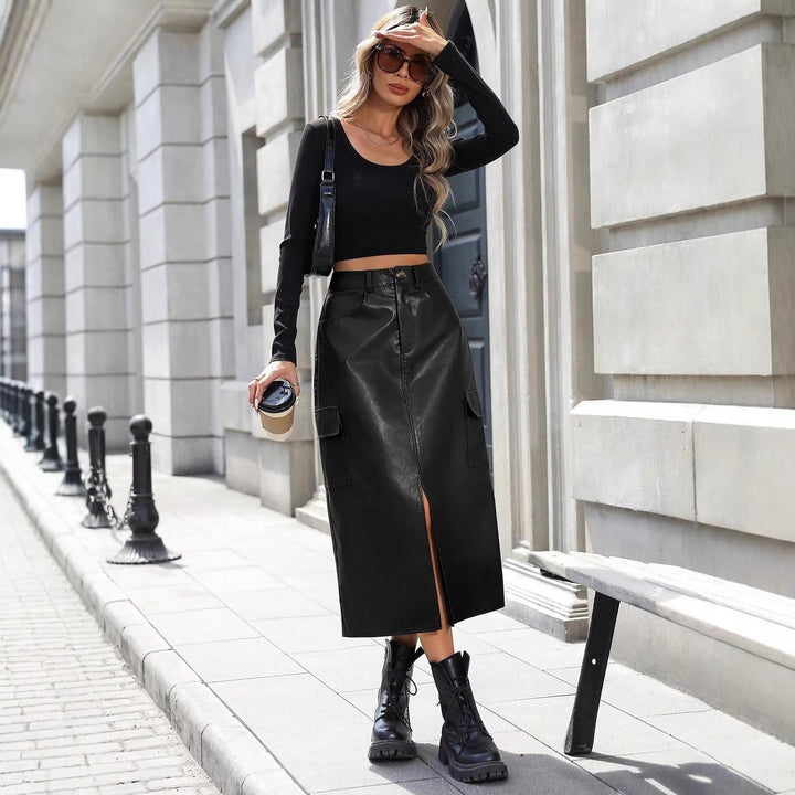 Damen Midirock aus Kunstleder mit praktischen Taschen und elegantem Schlitz Drune