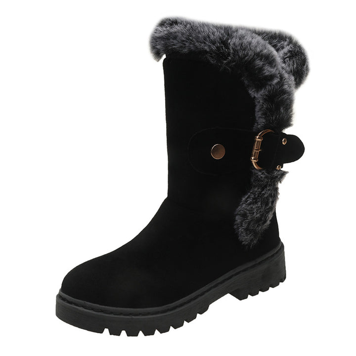 Damen Warmfutter-Stiefel mit modischem Fellkragen und eleganter Schnalle Drune