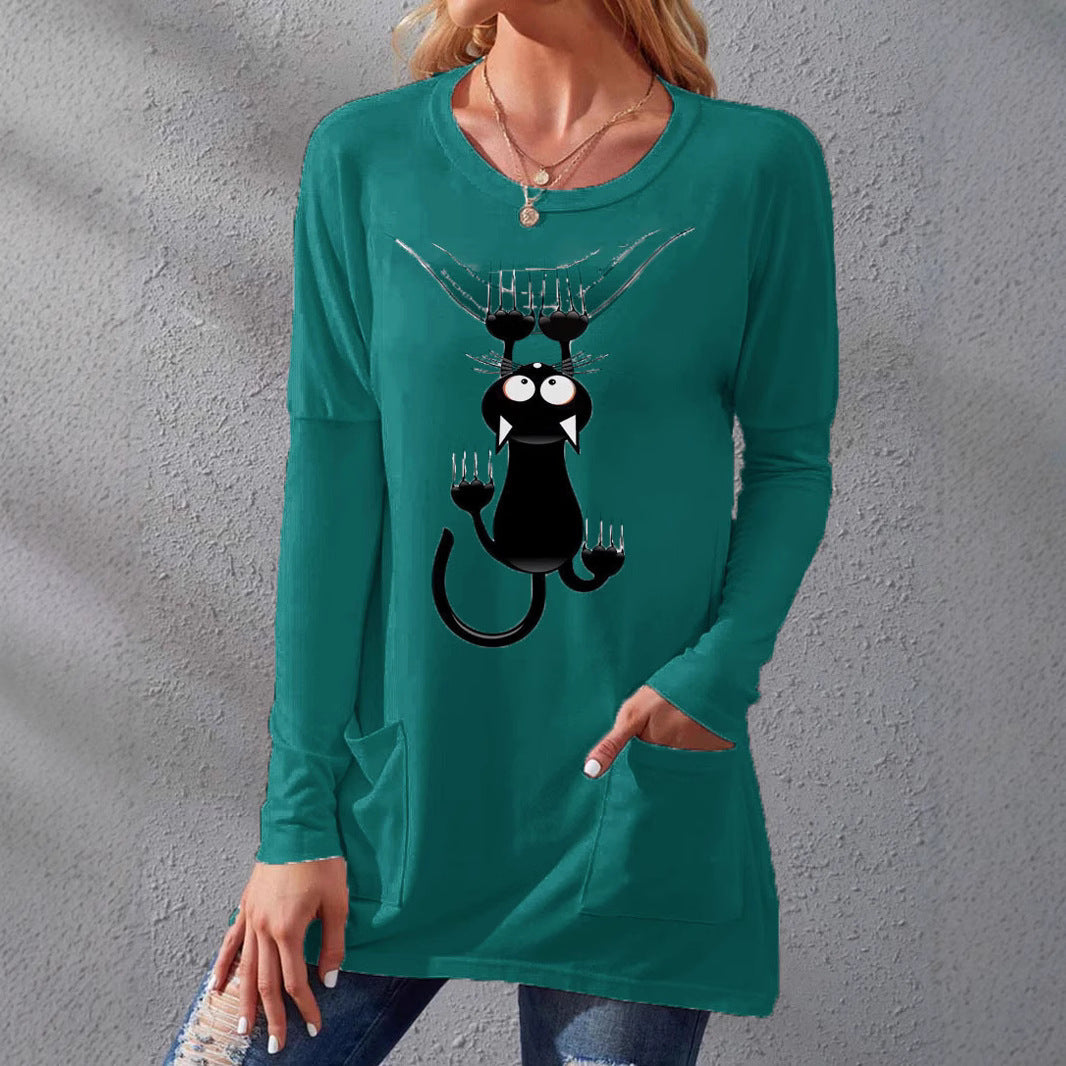 Damen Langere Baumwollmischung Tunika Shirt mit Cartoon-Katzen-Druck und Seitentaschen Drune