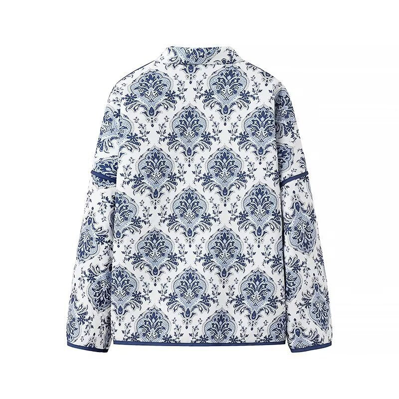 Damen Gesteppte Kimono‑Jacke mit ornamentaler Jacquardoptik und kontrastierter Paspel Drune