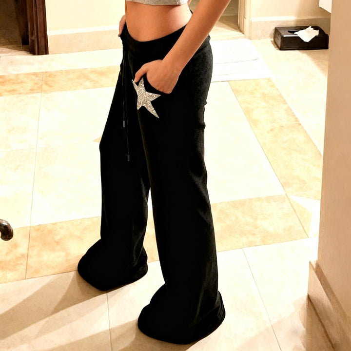Damen Weite Velours-Sweatpants mit Kordelzug, ausgestelltem Bein und Pailletten-Stern Drune