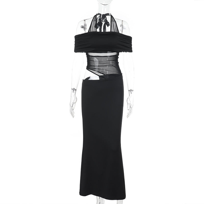 Damen schulterfreies, elegantes Maxikleid mit transparenten Einsätzen und Rüschendetails Drune
