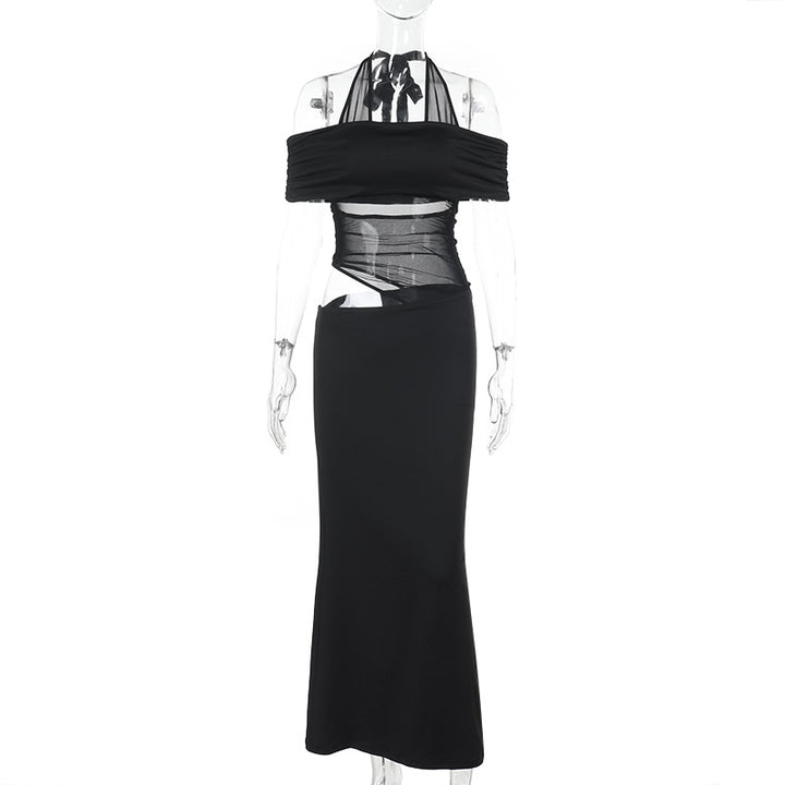 Damen schulterfreies, elegantes Maxikleid mit transparenten Einsätzen und Rüschendetails Drune