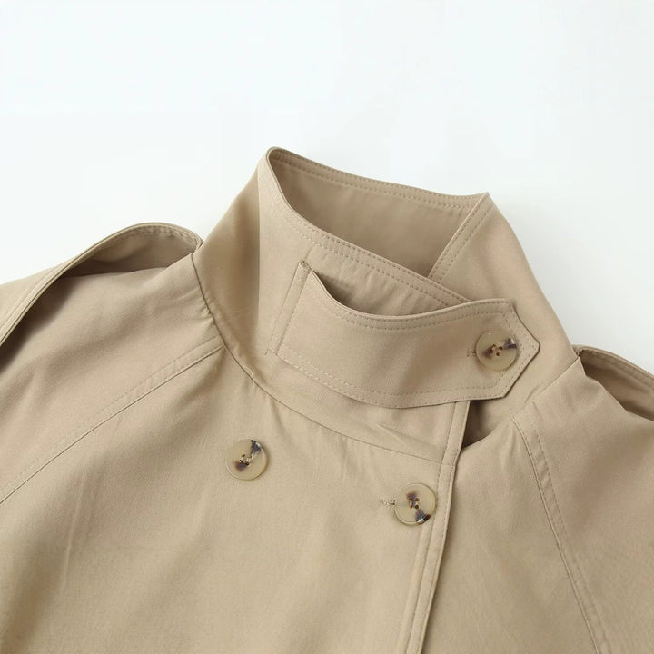 Damen Kurz-Trenchcoat mit Taillengürtel und Stehkragen Drune