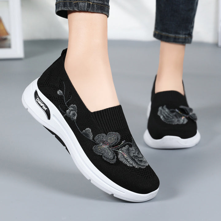 Damen nan gestrickter Slip-On Slipper mit 3D-Blumenstickerei und ergonomischer Komfort-Zwischensohle Drune