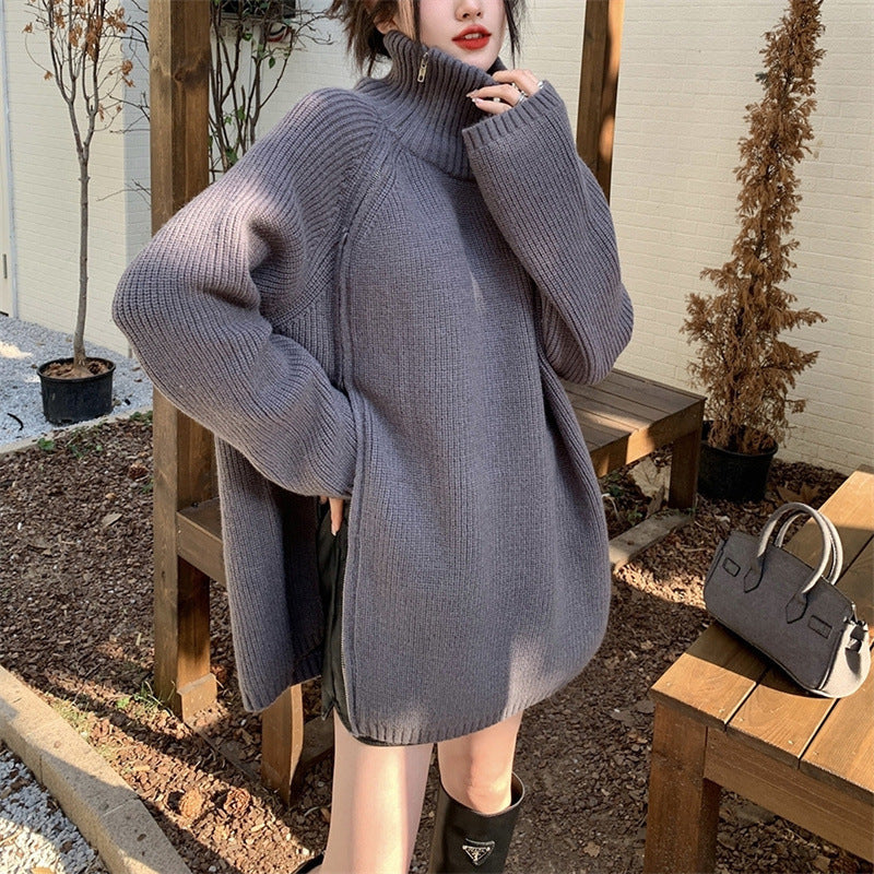 Damen Oversized Rollkragenpullover mit seitlichem Reißverschluss und geripptem Design Drune