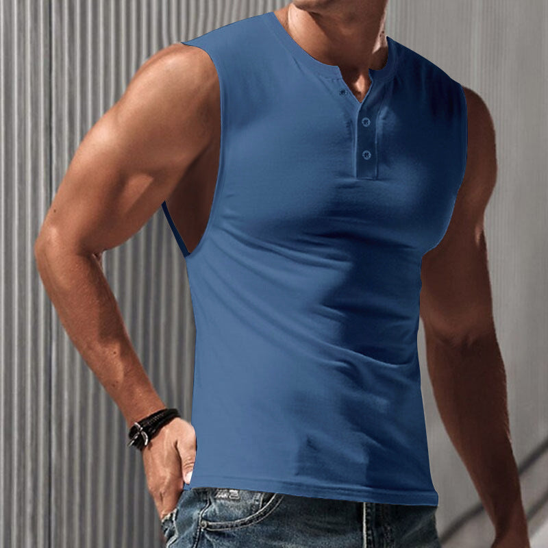 Herren nan ärmelloses Muskelshirt mit Henley-Knopfleiste, tiefem Armausschnitt und elastischem Baumwollmix Drune