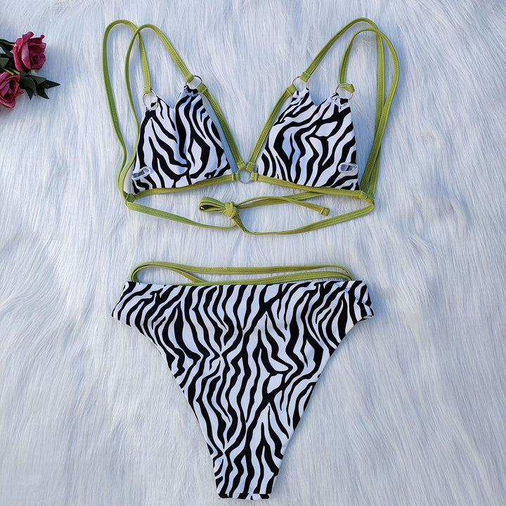 Damen Minimalistisches Triangel-Bikini-Set mit Zebramuster Drune