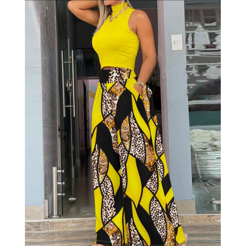 Damen Stilvolles Zweiteiliges Cropped Top und Breite Hosen Set Drune
