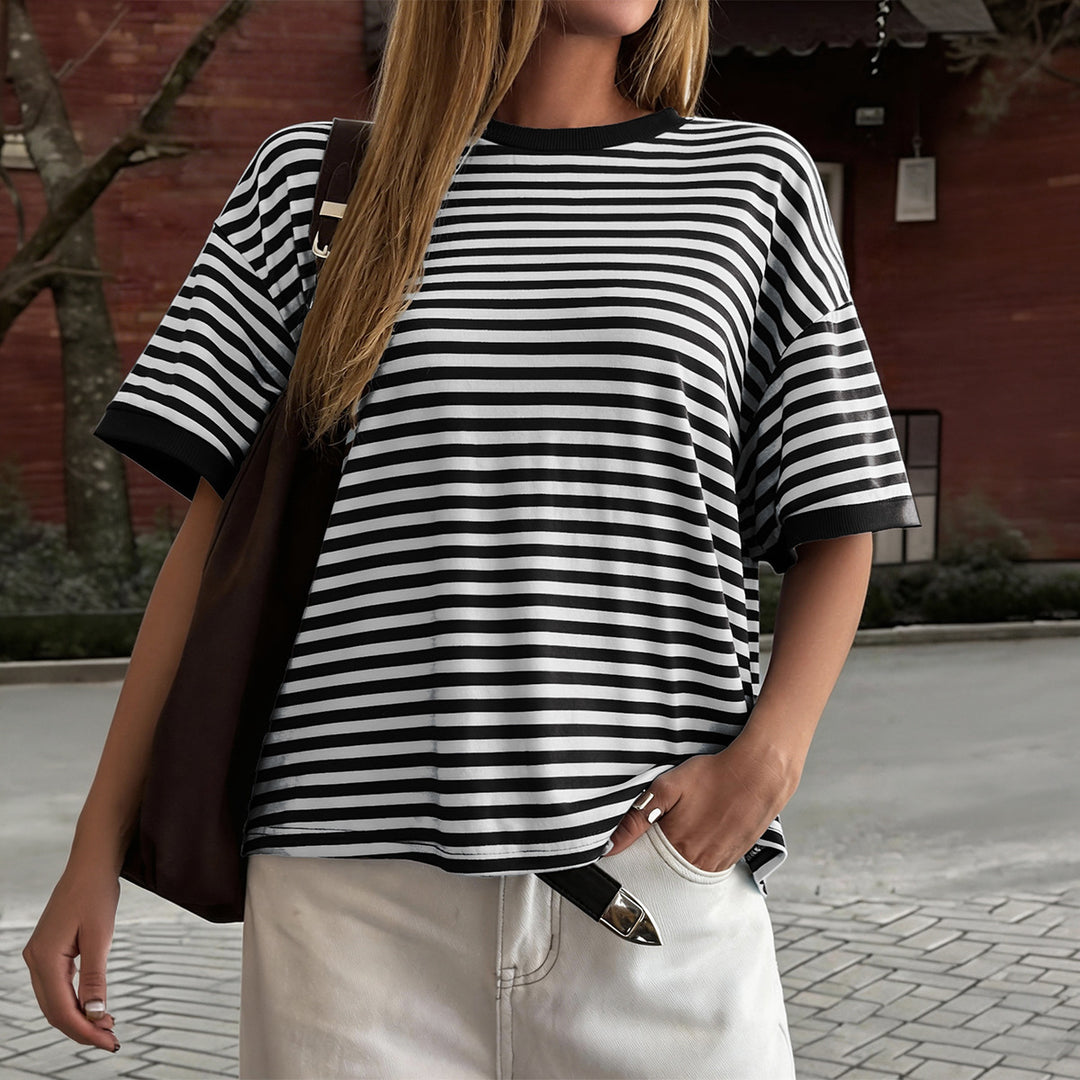 Damen Oversized Streifen-T-Shirt mit Kurzarm und Rundhalsausschnitt Drune