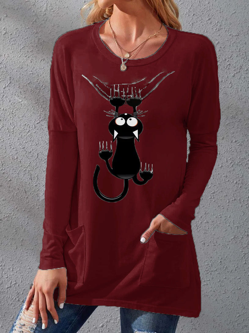 Damen Langere Baumwollmischung Tunika Shirt mit Cartoon-Katzen-Druck und Seitentaschen Drune