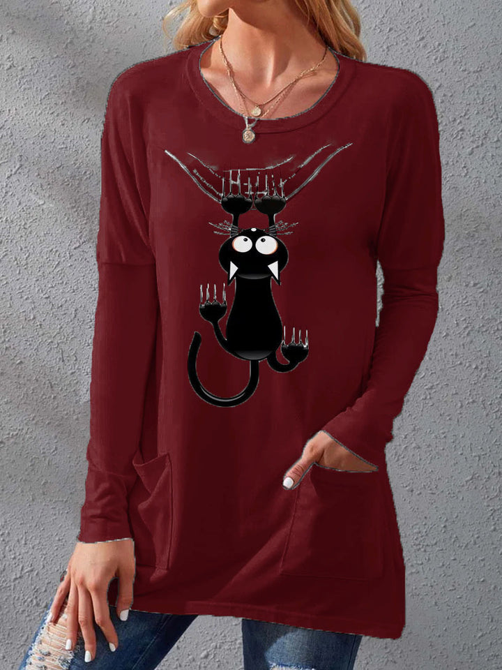Damen Langere Baumwollmischung Tunika Shirt mit Cartoon-Katzen-Druck und Seitentaschen Drune