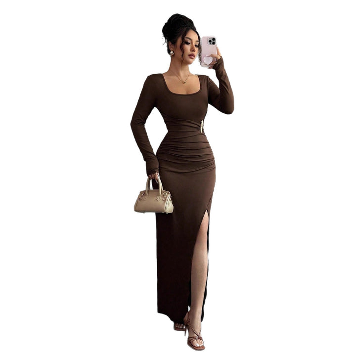 Damen nan körpernahes Maxikleid mit Quadratausschnitt, taillierter Raffung und hohem Seitenschlitz Drune