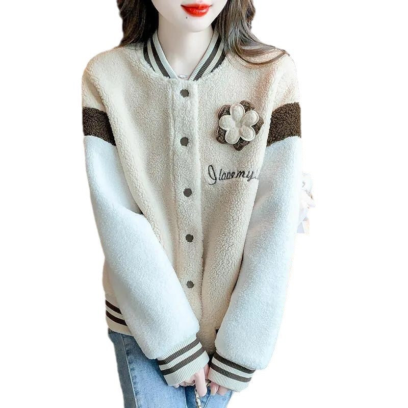 Damen stylische und warme Collegejacke mit Knopfverschluss und Blumendekor Drune