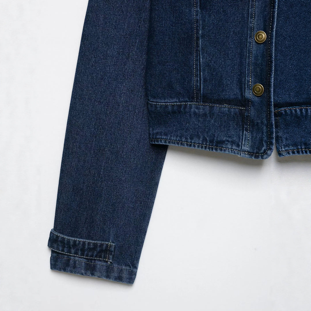 Damen Kurz geschnittene Jeansjacke im Military‑Stil mit Stehkragen Drune