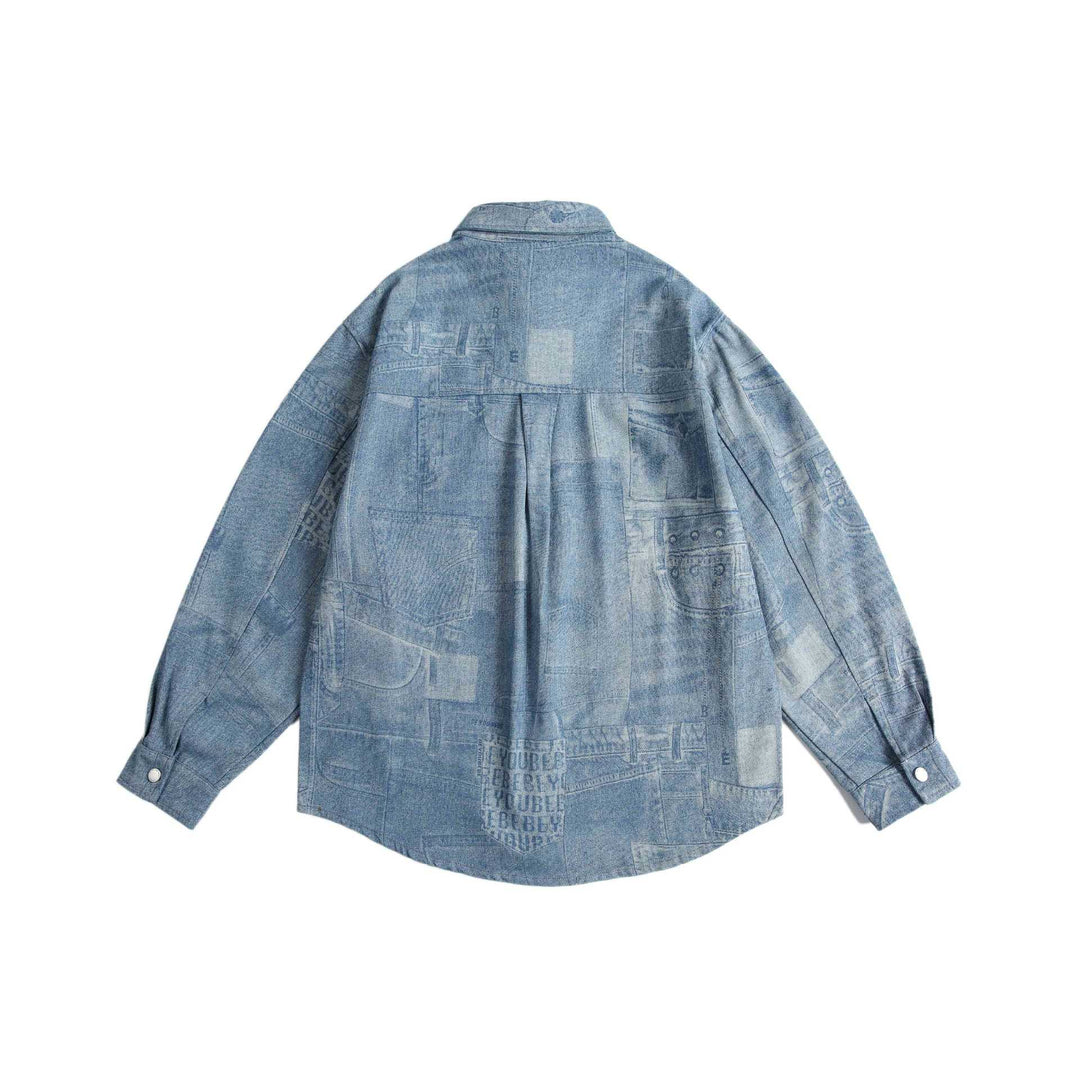 Unisex Oversize-Denim-Hemdjacke mit Patchwork-Print und Druckknopfblende Drune