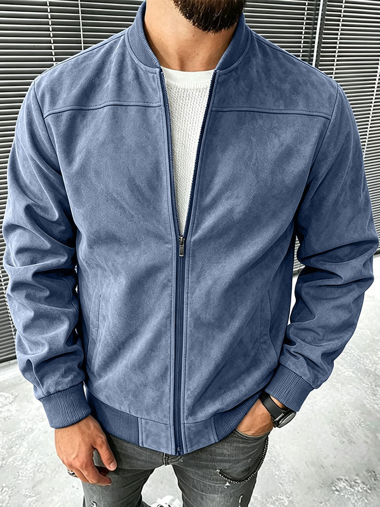 Herren Veloursleder-Optik Bomberjacke mit Reißverschluss und Rippbündchen Drune