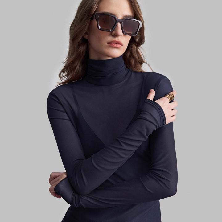 Damen nan feines transparentes Mesh-Langarmtop mit Rollkragen und figurbetonter Passform Drune
