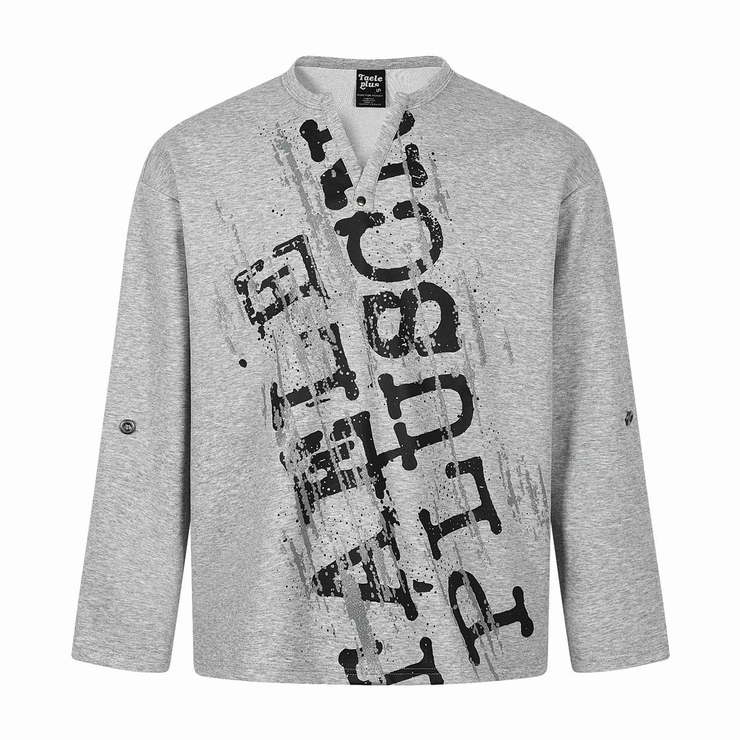 Unisex Oversize-Henley-Sweatshirt mit Notchkragen, 3/4-Ärmeln und Print Drune