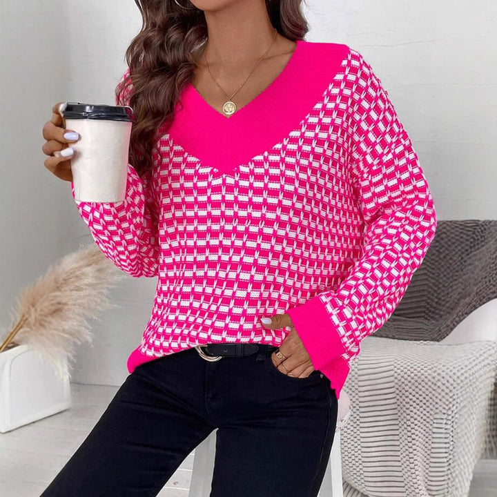 Damen Strickpullover mit V-Ausschnitt und modernem Karomuster Drune