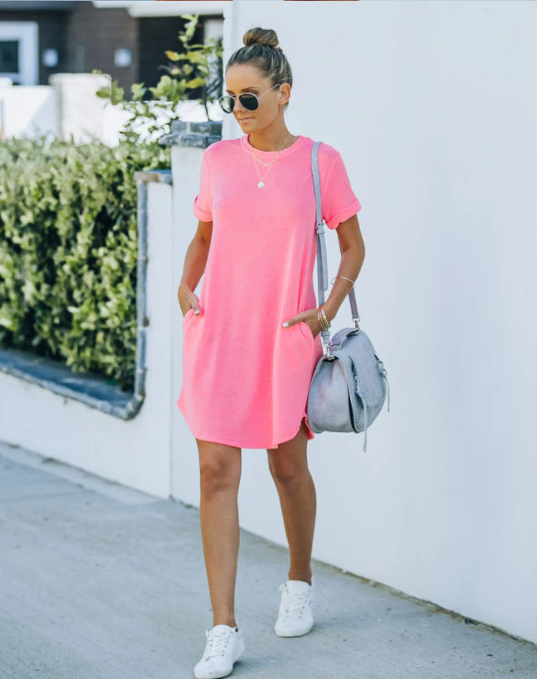 Damen lässiges Freizeitkleid mit Taschen und Rundhalsausschnitt Drune